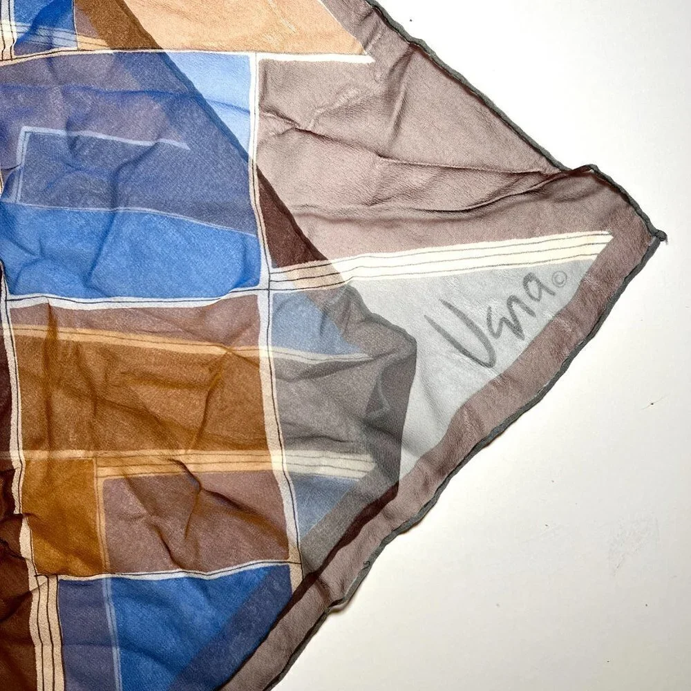 VERA NEUMANN Vintage Fall Brown Blue Beige Plaid Silk Scarf Mid Century MCM